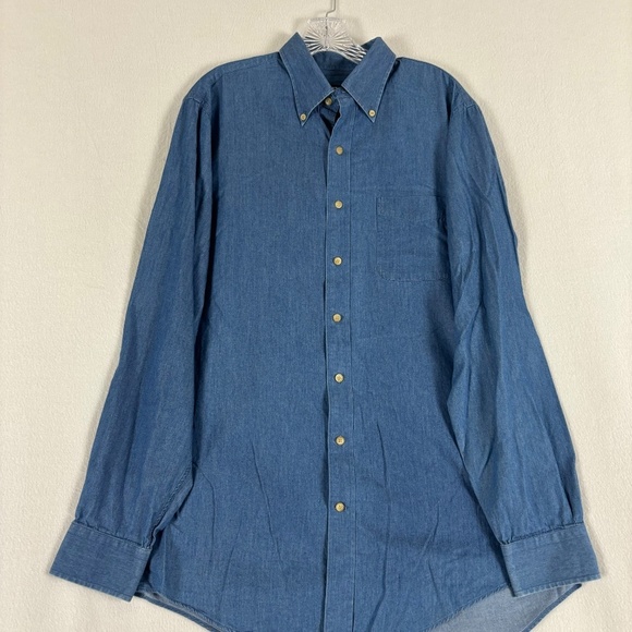 Lands’ End Button Down Denim Shirt Soft, Oxford Collar, Mid Blue - Picture 2 of 11